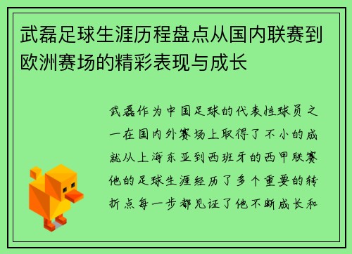 武磊足球生涯历程盘点从国内联赛到欧洲赛场的精彩表现与成长